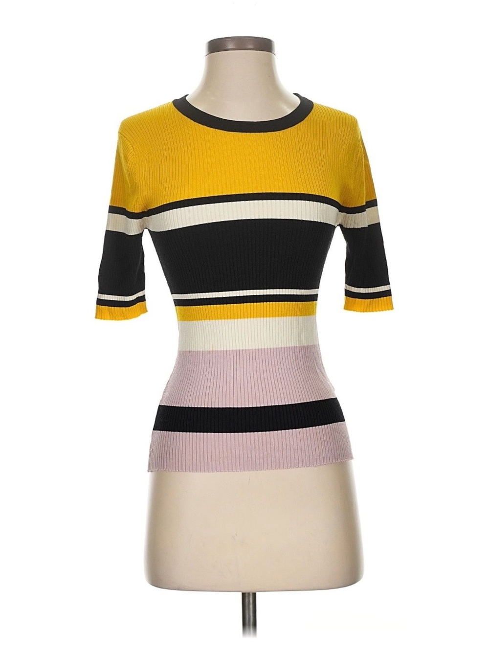 Massimo Dutti Striped Rib-Knit Short Sleeve Top in Mustard, Black, Cream & Pink